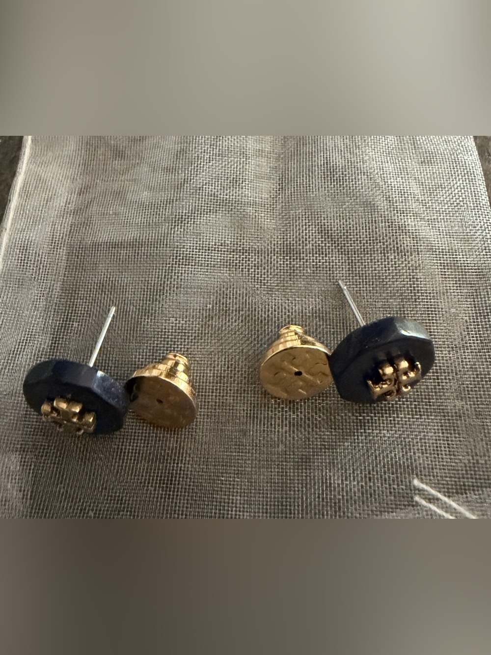 Tory Burch Navy Blue Octagonal Logo Stud Earrings Gold Tone | Original Logo Back - Picture 4 of 4